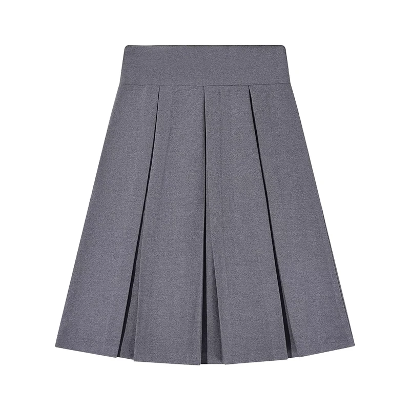 Girls-Box-Pleated-Skirt-Solid-Color-School-Uniform-Basic-Versatile-Stretchy-Grey-School-Skirts
