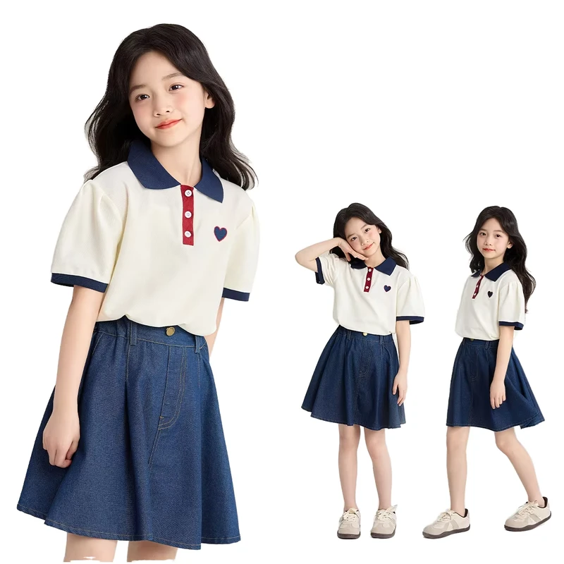 Girls-College-Style-Summer-Dress-with-New-Design-Denim-Skirt-Polo-Shirt-Big-Childrens-School-Tops-Uniforms