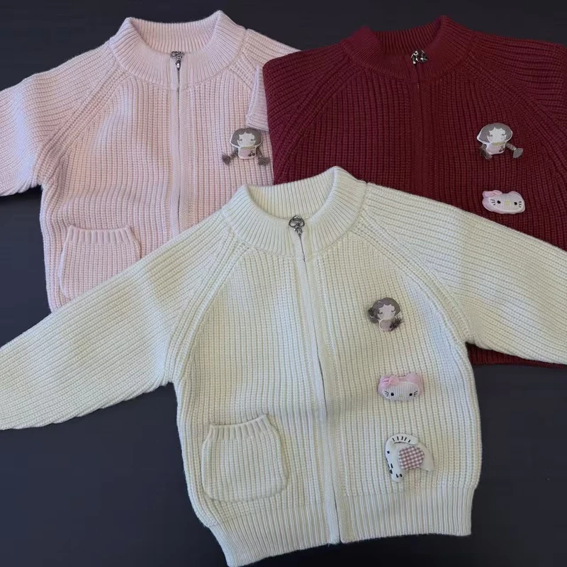 Girls-Cotton-Knitted-Zipper-Cardigan-Top-Round-Neck-Solid-Color-Casual-Long-Sleeved-Warm