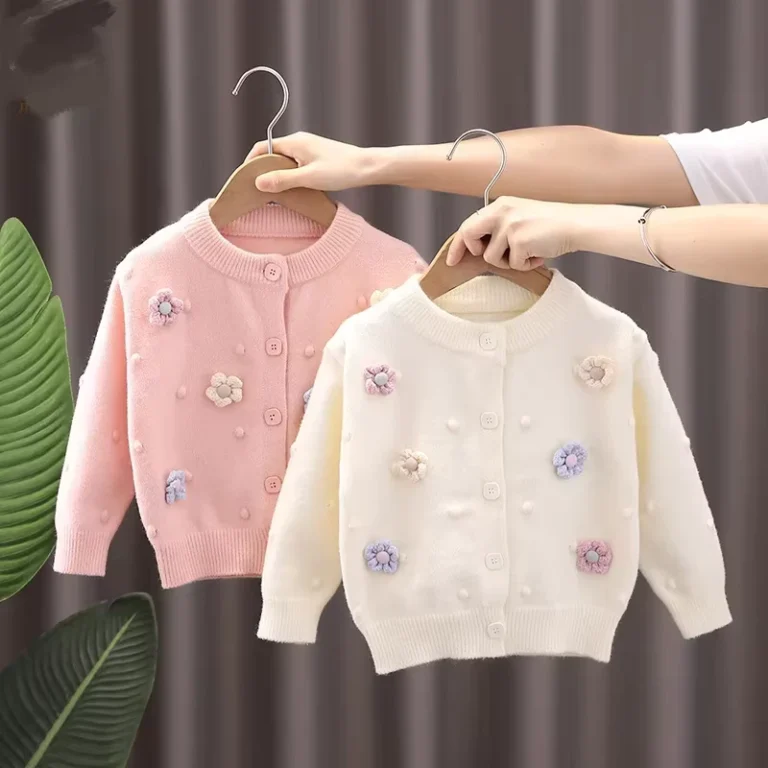 Girls-Floral-Long-Sleeve-Sweater-Solid-Color-Cardigan-Cotton-Knitted-Print