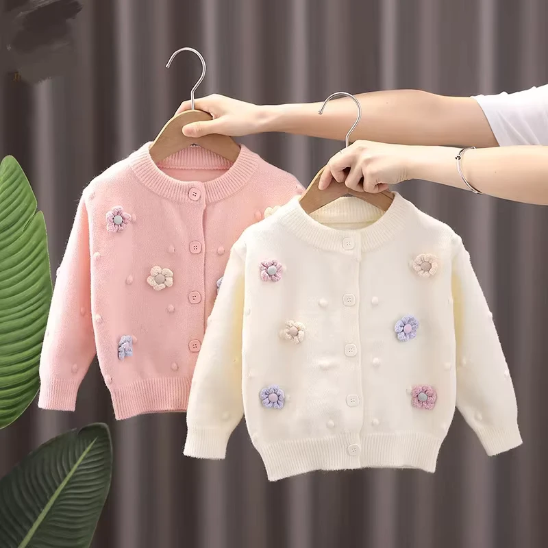 Girls-Floral-Long-Sleeve-Sweater-Solid-Color-Cardigan-Cotton-Knitted-Print