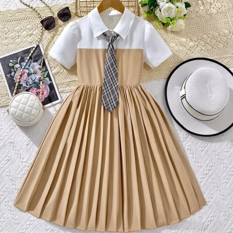 Girls-Khaki-Short-Sleeve-Long-Dress-School-Uniform-Girls-Patchwork-Style-Button-School-Uniform-Dresses-Manufacturer