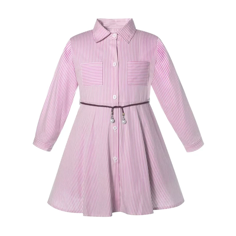 Girls-Pink-Shirt-Dress-Striped-Long-Sleeves-Casual-Dress-for-Toddler-Little-Girls-School-Uniform-Shirtdress-5-12-Years