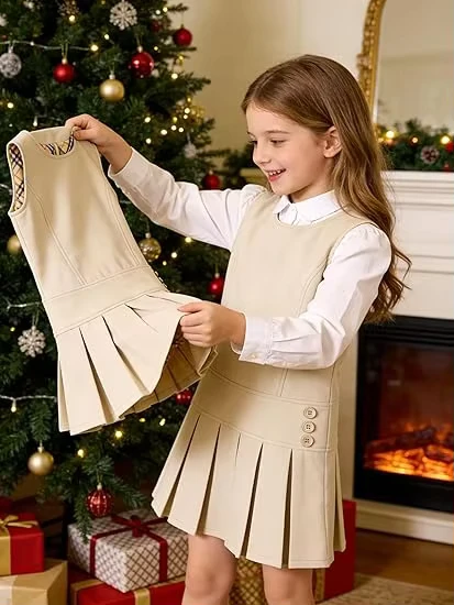 Girls-Primary-School-Crew-Neck-Zipper-Back-Pinafore-Polyester-Summer-Pleated-Midi-School-Dress-Uniform