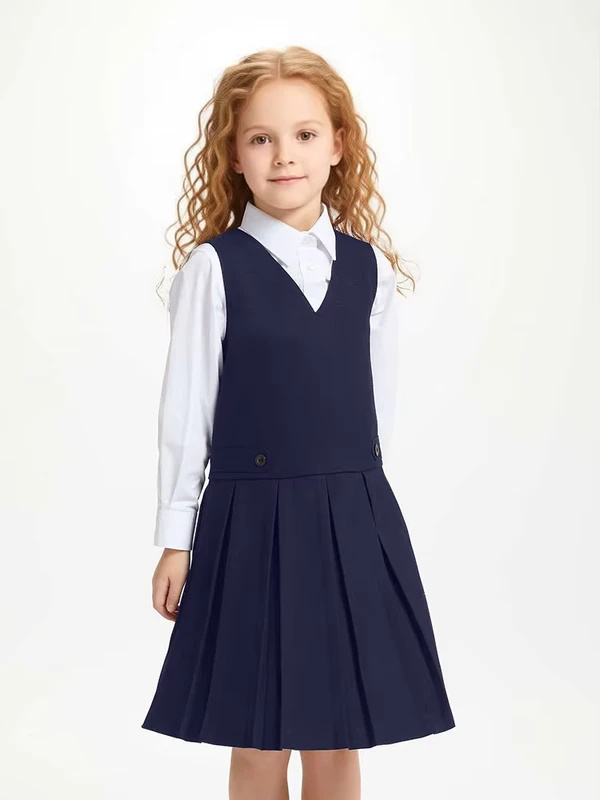 Girls-Primary-School-Uniform-Tunic-Dress-Pinafore-Polyester-Cotton-Material-Needlework-Custom-Logo-OEM-Service-for-Children