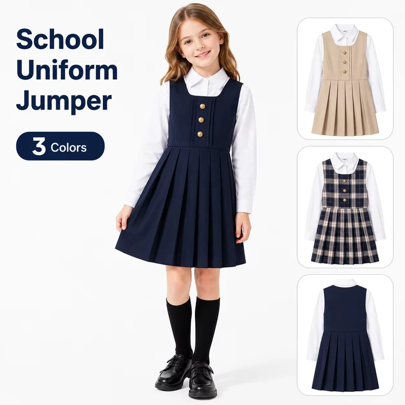 Girls-School-Uniform-Jumper-Pleated-Dress-65-Polyester-35-Cotton-Sleeveless-Kids-Pinafore-Student-Schoolwear