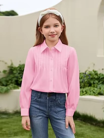 Girls-School-Uniform-Kids-Skin-friendly-Pleated-Front-Classical-Collar-pink-Shirt-School-Uniform