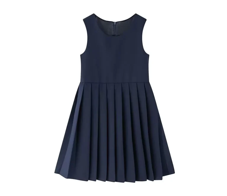 Girls-Sleeveless-A-Line-Pleated-Pullover-Dresses-with-Crew-Neck-Primary-School-Uniform-for-Children