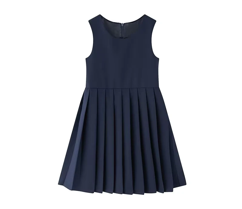 Girls-Sleeveless-A-Line-Pleated-Pullover-Dresses-with-Crew-Neck-Primary-School-Uniform-for-Children