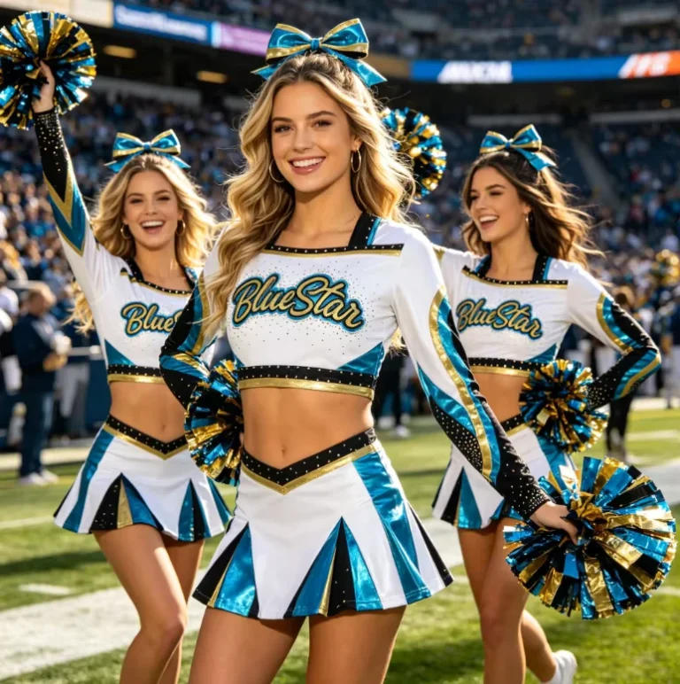 Glam-Varsity-White-Teal-Gold-Rhinestone-Cheerleading-Uniform-Long-Sleeve-Crop-Top-Skirt-Outfit-for-Football-Game-Days