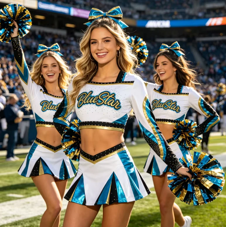 Glam-Varsity-White-Teal-Gold-Rhinestone-Cheerleading-Uniform-Long-Sleeve-Crop-Top-Skirt-Outfit-for-Football-Game-Days