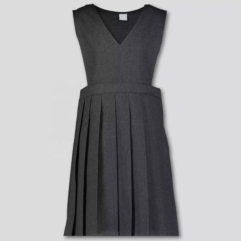 Grey-V-Neck-Pleated-Skirt-Pinafore-Dress-Brand-Design-Girls-Kids-Primary-School-Uniform-Dress