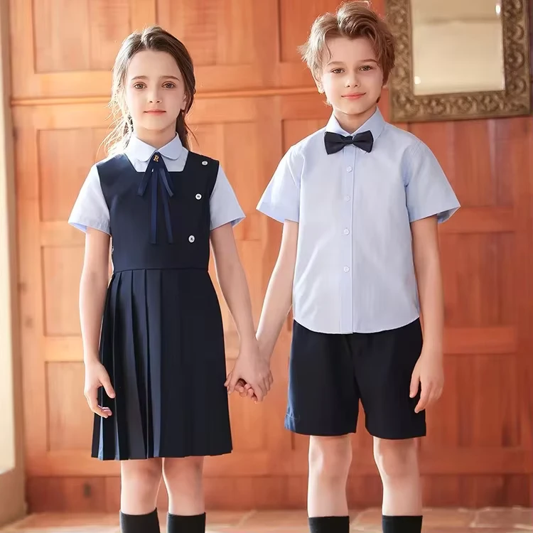 Guangzhou-Factory-Custom-School-Uniform-Shirt-for-Children-Girls-Pinafore-and-Boys-Formal-School-Uniform-Set