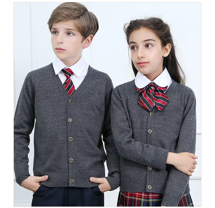 High-Quality-British-Style-100-Cotton-Knitted-Fabric-Kids-Button-School-Uniforms-Plain-Cardigan-Sweaters-Sets