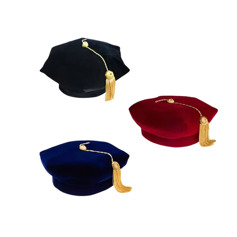 High-Quality-Unisex-Black-Velvet-8-Sided-Doctoral-Graduation-Tam-Hat-with-Gold-Bullion-Tassel-for-School-Use