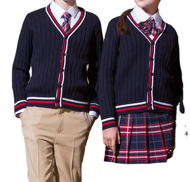 High-Quality-V-Neck-Ribbed-Knitting-Pattern-Unisex-Cardigan-High-School-Sweater