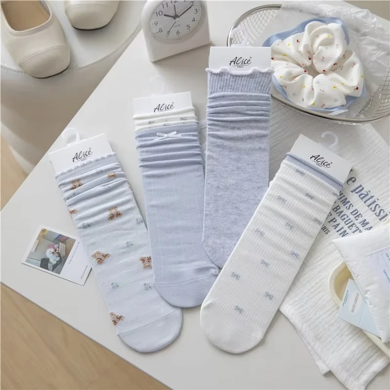 Kawaii-Cotton-Crew-Socks-Women-Cute-Blue-Bow-Bear-Pattern-Socks-Sweet-Japanese-Style-Ribbed-Ankle-Socks-Breathable-Hosiery