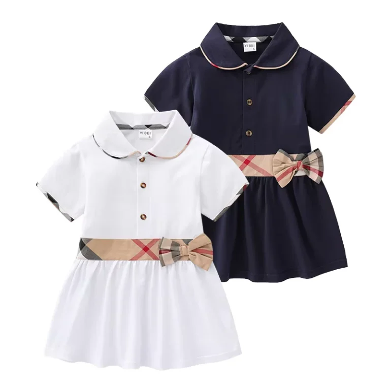 Kids-Clothes-100Cotton-Turn-Down-Collar-Short-Sleeve-Girls-School-Uniform-Preppy-Style-Girl-Dress