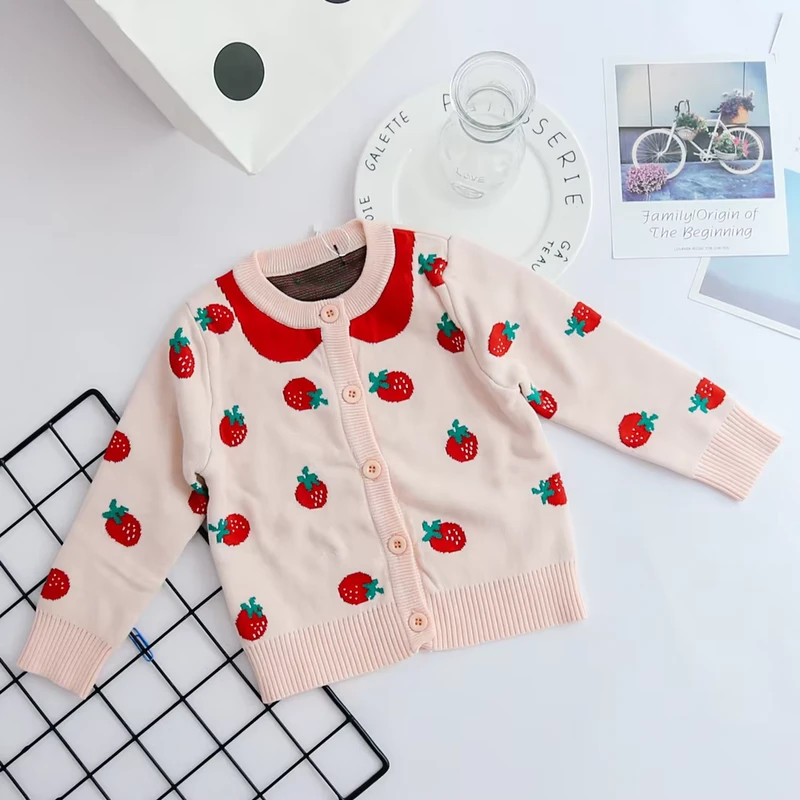Kids-Girls-Cardigan-Sweater-with-Strawberry-Knitwear-Cotton-O-Neck-Pink-Crochet-Knit-Sweater