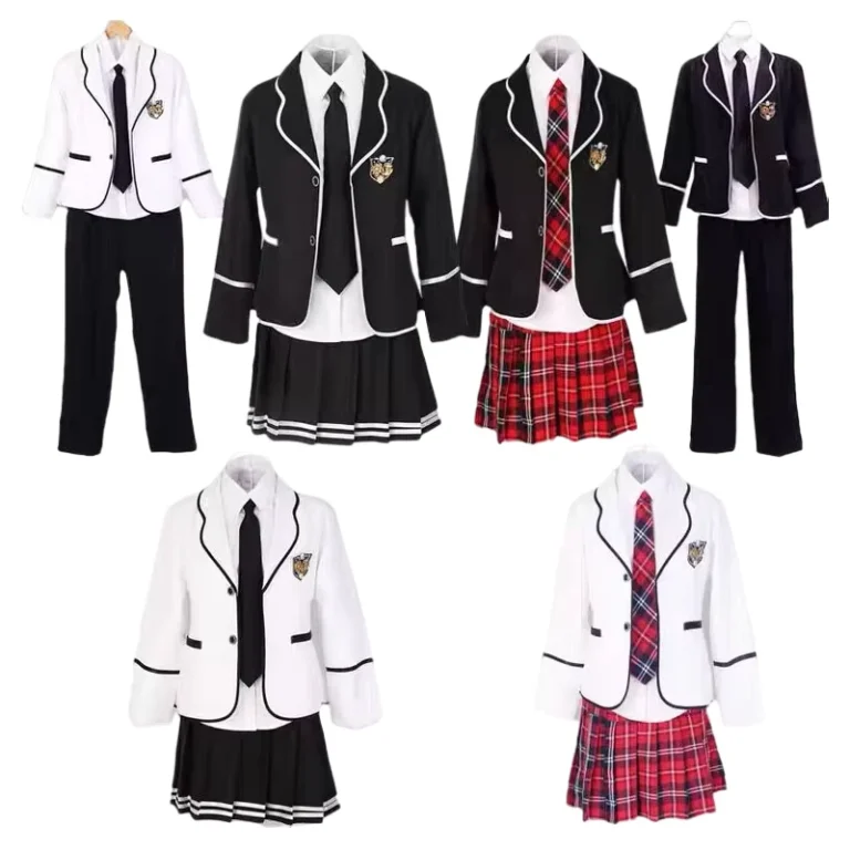 Kids-Girls-Long-Sleeve-Coat-with-Shirt-Tie-Mini-Skirt-Anime-Chorus-Costume-British-Korean-Style-Student-School-Uniform-Set