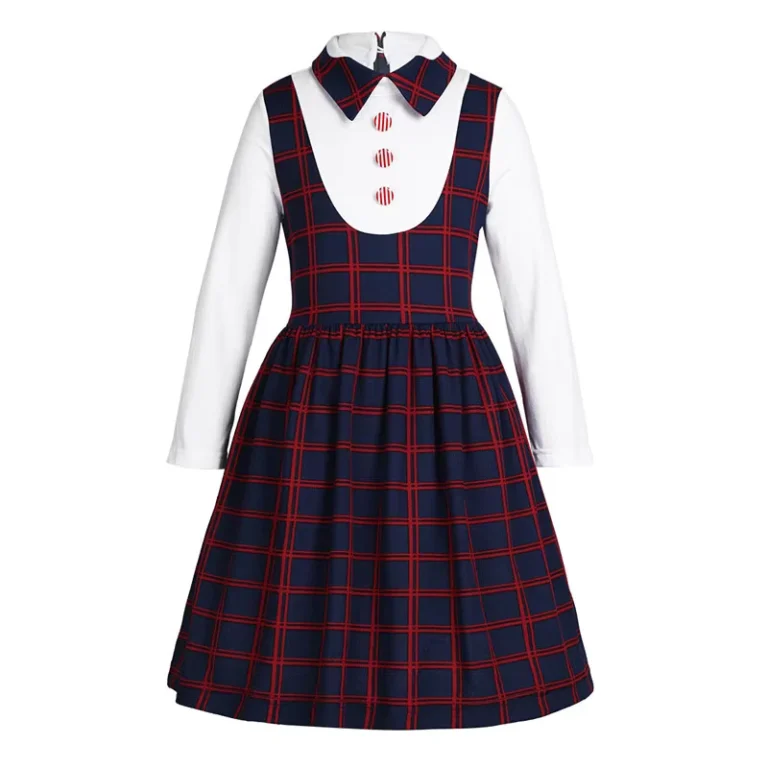 Kids-Girls-School-Long-Sleeve-A-Line-Plaid-Pinafore-Dress