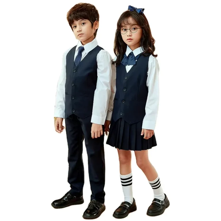 Kids-Navy-Simple-Unisex-V-Neck-Vest-Primary-School-Uniform-Long-Sleeve-Shirt-Breathable-Anti-Shrink-Custom-Logo-Uniform