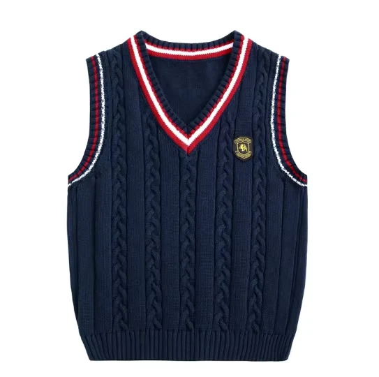 Kids-V-Neck-Cable-Knit-Sweater-Vest-for-Boys-Girls-Anti-Wrinkle-Breathable-Full-Sleeves-Embroidered-Badge-Custom-Logo