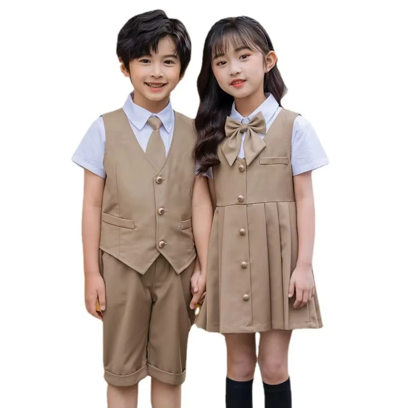 Kindergarten-Khaki-Pleated-Kids-Vest-Dress-Class-Uniform-Suit-Comfortable-Button-Top-Quality-School-Uniform