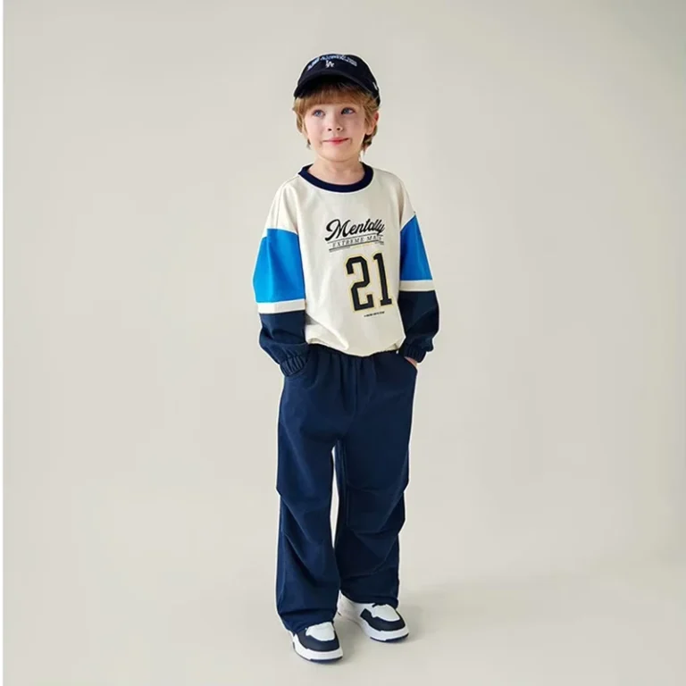 Korean-Childrens-Wear-Spring-and-Autumn-100-Cotton-Color-blocking-Two-piece-Knitted-Soft-Pants-Set-120-160-G2