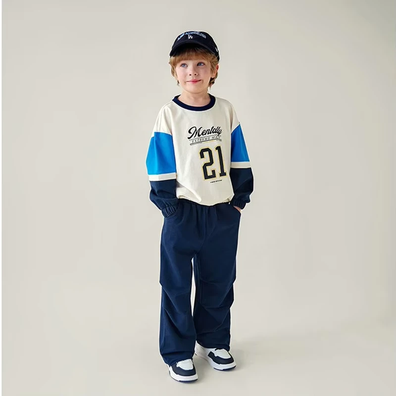 Korean-Childrens-Wear-Spring-and-Autumn-100-Cotton-Color-blocking-Two-piece-Knitted-Soft-Pants-Set-120-160-G2