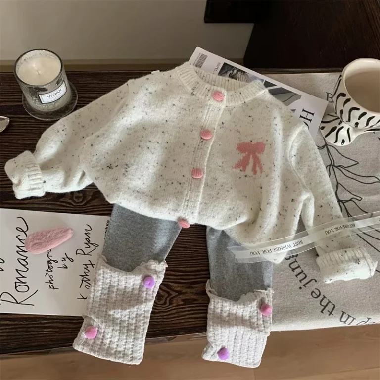 Korean-Style-New-Autumn-Childrens-Clothing-Set-Girls-Bow-Knitted-Sweater-Cardigan-Pile-Socks-Leggings-Two-Piece-Outfit