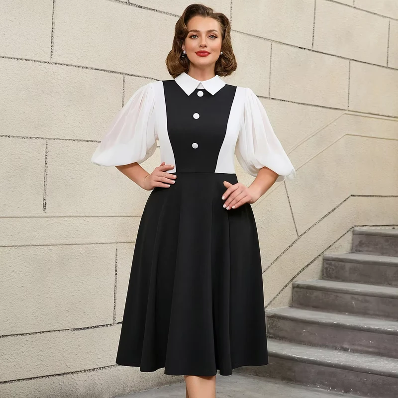 Lapel-Collar-Lantern-Sleeves-School-Uniforms-Young-Girls-Black-White-A-Line-Casual-Dresses