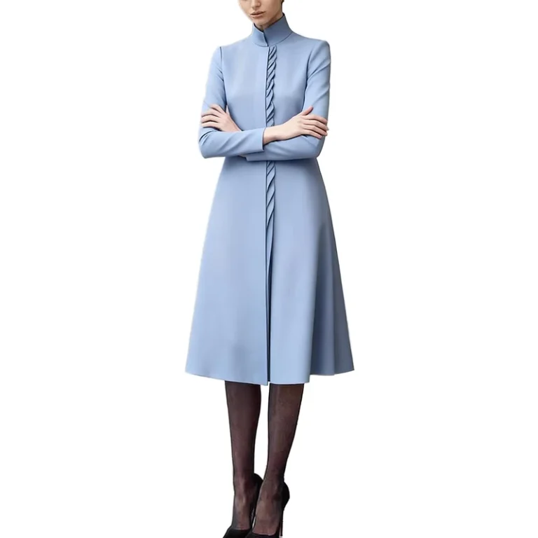 Light-Blue-Mandarin-Collar-Ruffled-Long-Sleeve-High-Waist-Work-Office-Daily-Wear-Womens-Dress