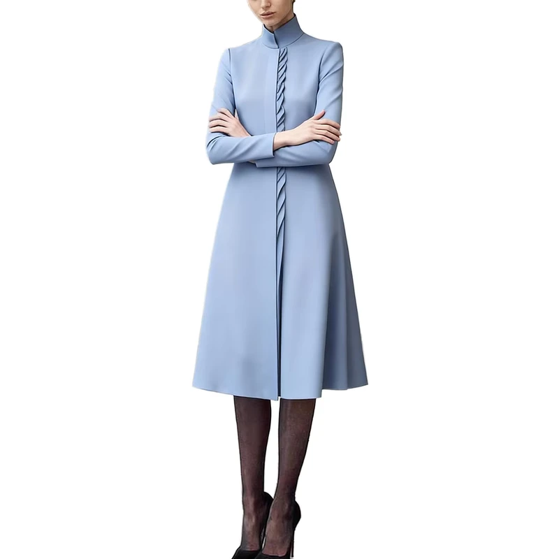 Light-Blue-Mandarin-Collar-Ruffled-Long-Sleeve-High-Waist-Work-Office-Daily-Wear-Womens-Dress