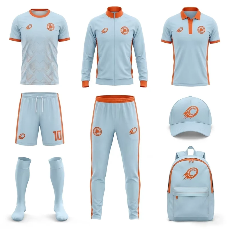 Light-Sky-Blue-Orange-Full-Soccer-Uniform-Set-Custom-Team-Football-Kit-Geometric-Jersey-Shorts-Socks-Tracksuit-For-Hat-Backpack
