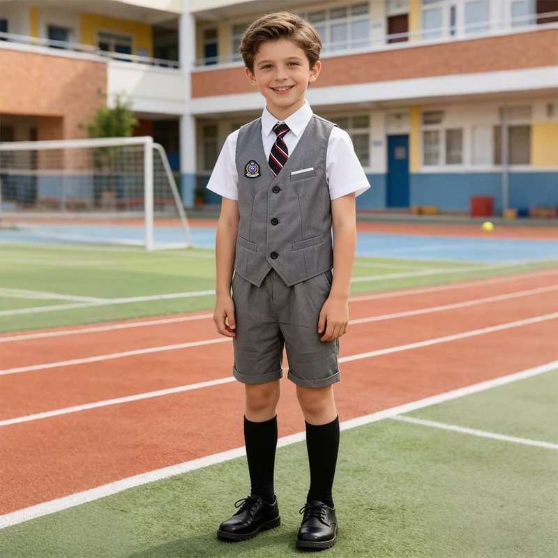 Logo-Custom-Soft-Fashion-Elementary-School-Shirt-Shorts-Skirt-Tie-Badge-Socks-for-BoysGirls-Comfortable-School-Uniform-Set
