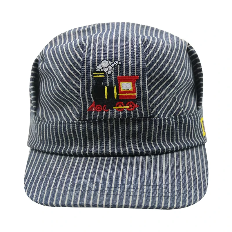Low-MOQ-Classical-Stripe-Custom-Embroidery-Logo-Kid-Train-Engineer-Conductor-Cap-Baseball-Caps