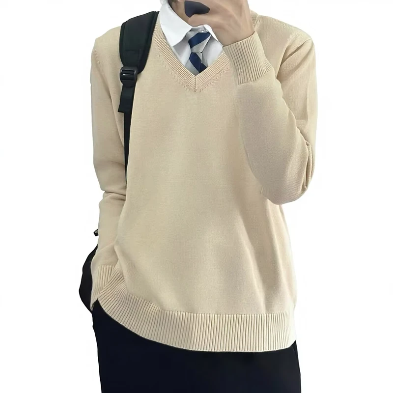 Mens-Japanese-style-Uniform-Light-Apricot-Knitted-100-Cotton-Pullover-Jk-Sweater-Solid-Color-V-neck-School-style
