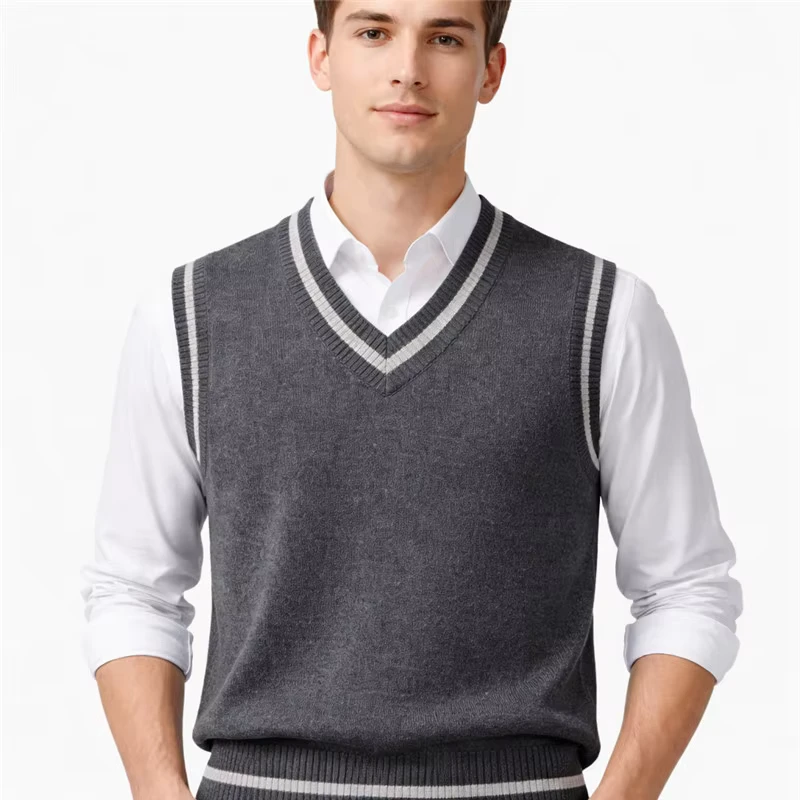 Mens-Sweater-Vest-V-neck-Knit-Vest-Sleeveless-School-Uniform-Grey-Knitted-Vest-Custom-Logo-Sweater-Vest-Manufacturer