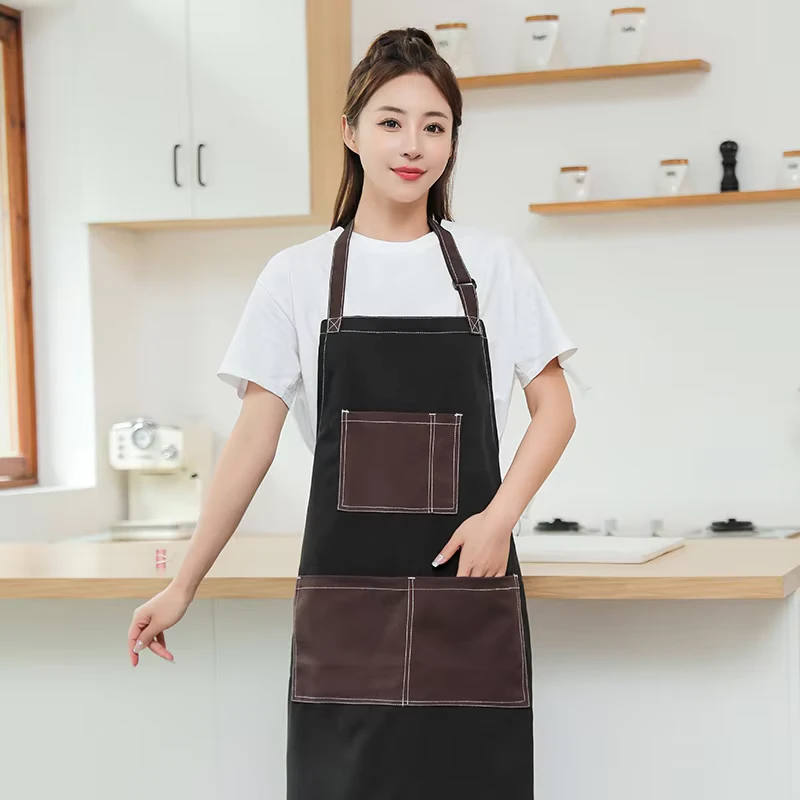 Multi-Pocket-Black-Apron-with-Brown-Accent-Unisex-Sleeveless-Work-Apron-for-Barista-Chef-Canvas-Apron-with-Custom-Logo