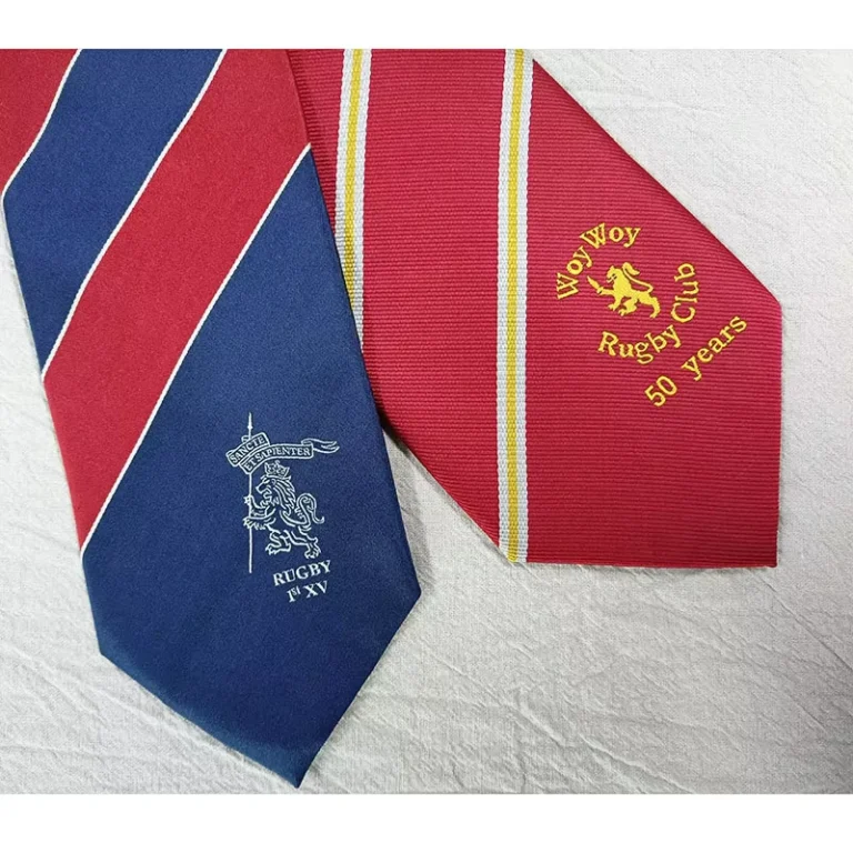 Navy-Blue-Logo-Tie-With-Red-Stripe-Rugby-Club-Logo-Customize-Silk-Ties