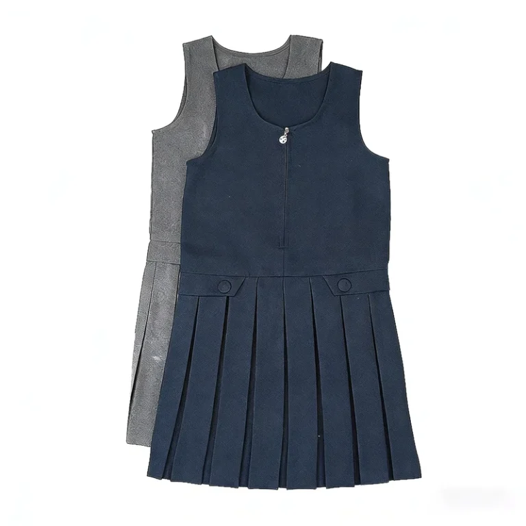 Navy-Blue-School-Uniform-Custom-Print-Logo-Jumper-Dress-for-Girls-Zip-Front-Pinafore-Pleated-Primary
