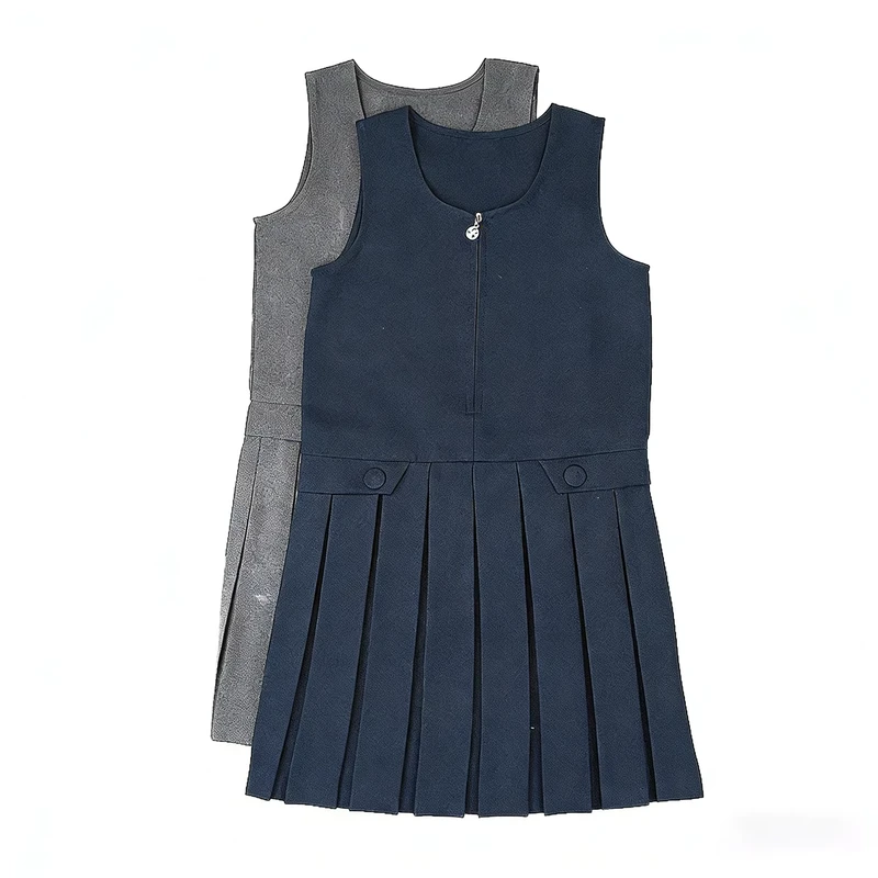 Navy-Blue-School-Uniform-Custom-Print-Logo-Jumper-Dress-for-Girls-Zip-Front-Pinafore-Pleated-Primary