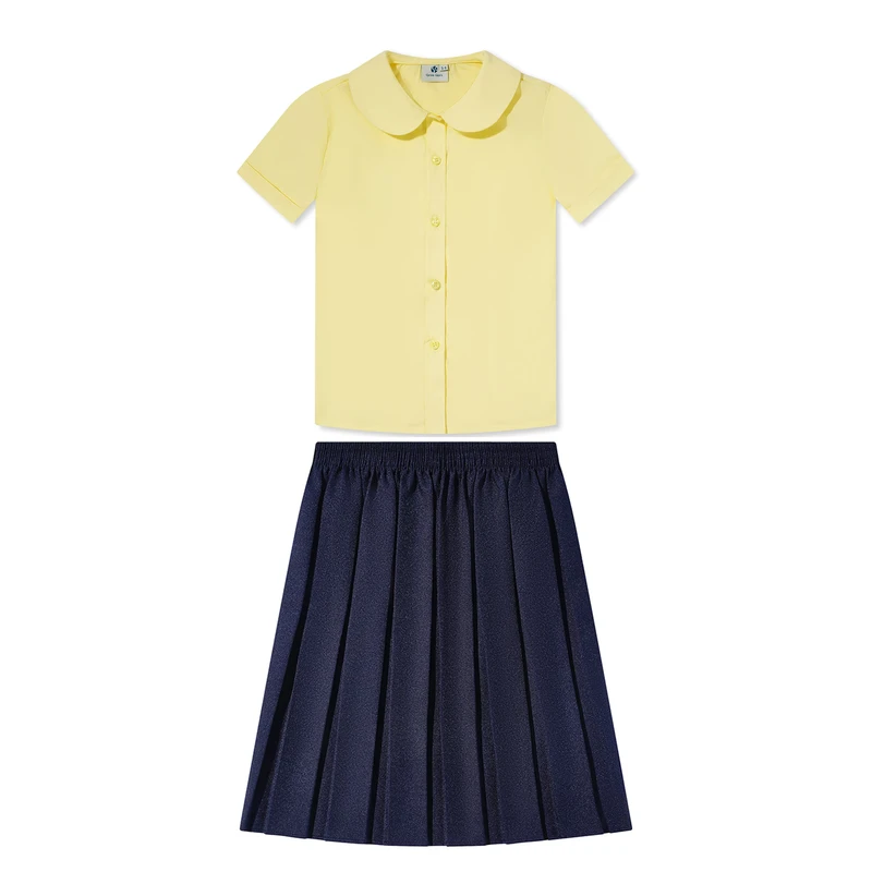 Navy-Dress-Jumper-Short-Sleeved-Skirt-School-Uniform-Set-for-Girls-Student-Yellow-Blouse-Skirt-Set