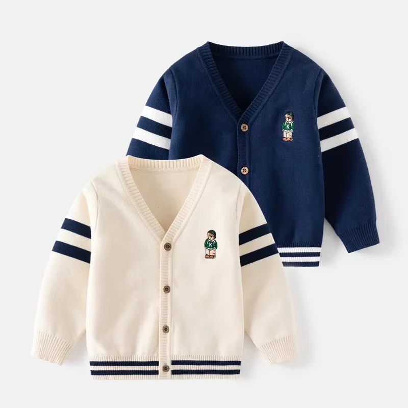 New-Boys-2-8Y-V-Neck-Cardigan-Striped-Sleeve-Cartoon-Bear-Embroidered-Toddler-Knitwear-Soft-Cotton-Blend-School-Uniform