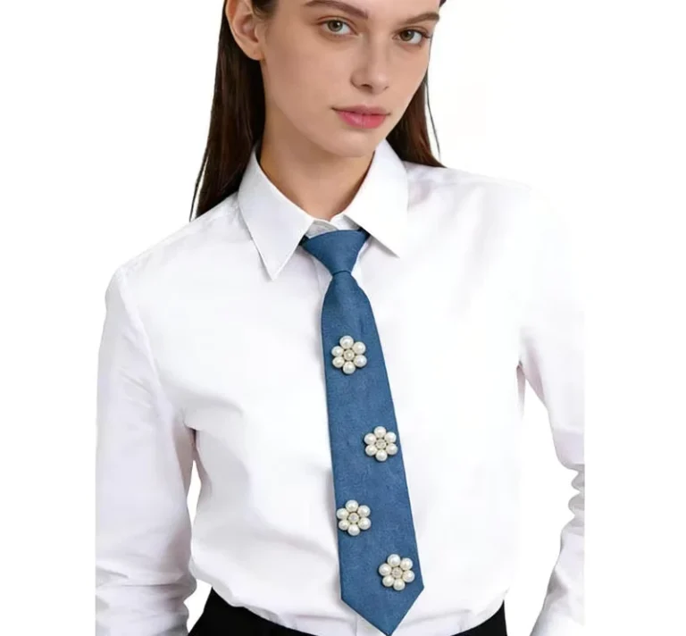 New-Design-Denim-Tie-with-Chain-and-Pearl-Detail-for-Women-Fashionable-School-Uniform-Style-Necktie-with-Decorative-Hardware