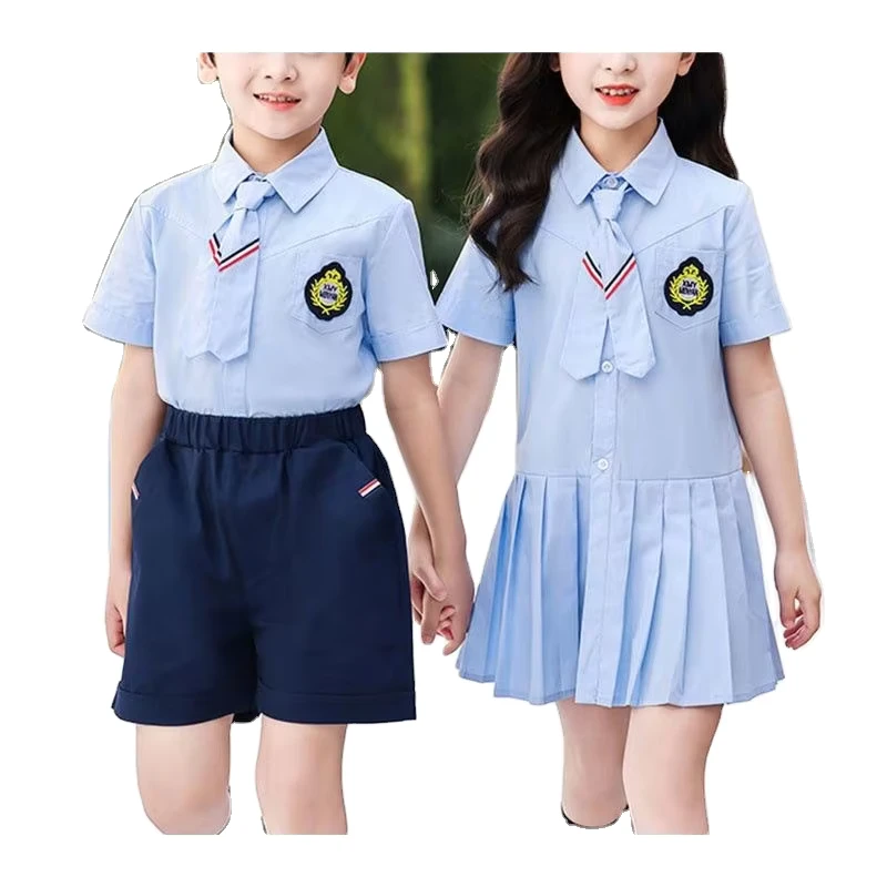 New-Fashion-Blue-Dress-Navy-Shorts-Primary-School-Summer-Suit-Customized-Designs-for-Boys-and-Girls-School-Uniforms