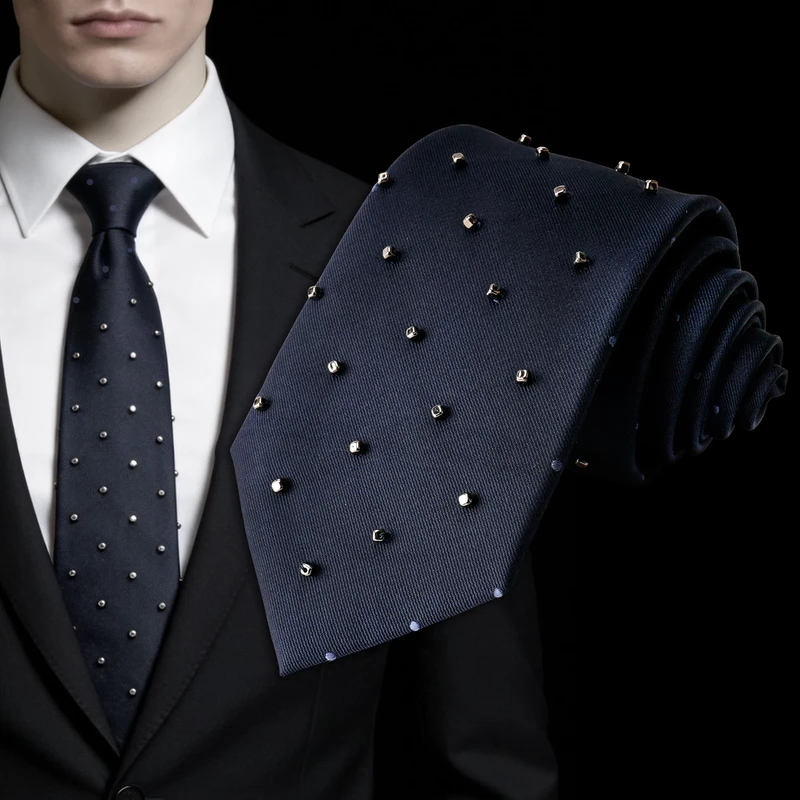 New-Fashion-Cool-Mens-Handmade-Beaded-Embroidery-Navy-Blue-Polka-Dot-Silk-Mulberry-Silk-Tie-Accepts-Custom-Small-Batch-Ties