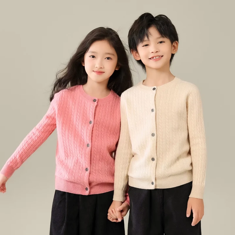 New-Winter-Autumn-Kids-Thickened-Cable-Knit-Cardigan-Loose-Fit-Crew-Neck-Long-Sleeve-School-Uniform-Sweater