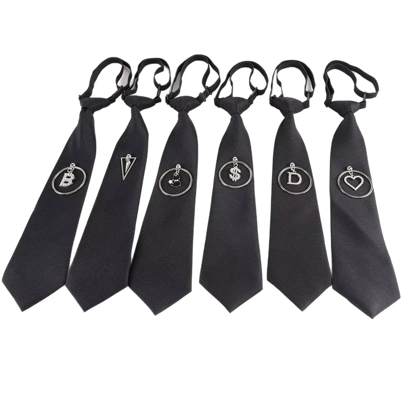 Niche-Design-Black-Pre-knotted-Necktie-with-Metal-Chain-Charms-Academy-Style-JK-Uniform-Tie-for-School-Party